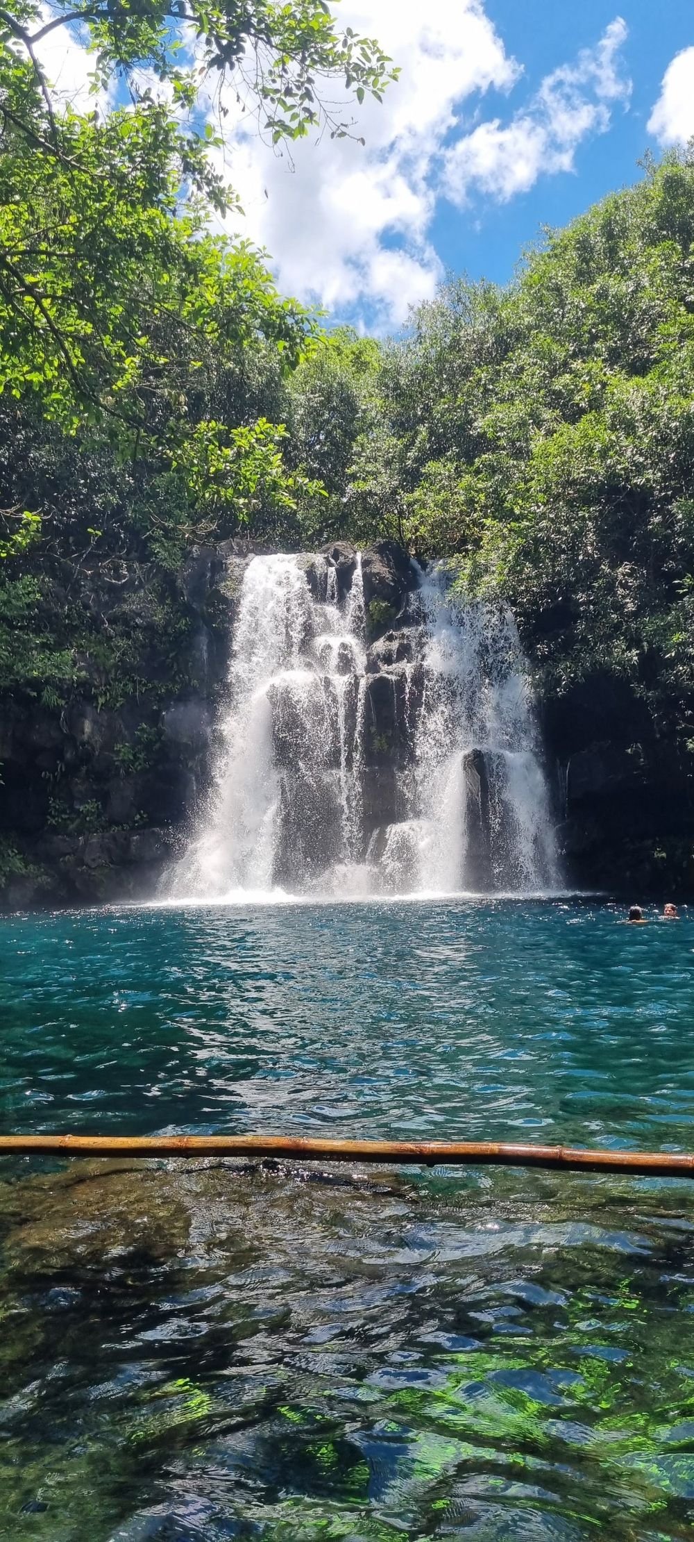 Waterfall cascading into a clear pool in the Mauritian highlands